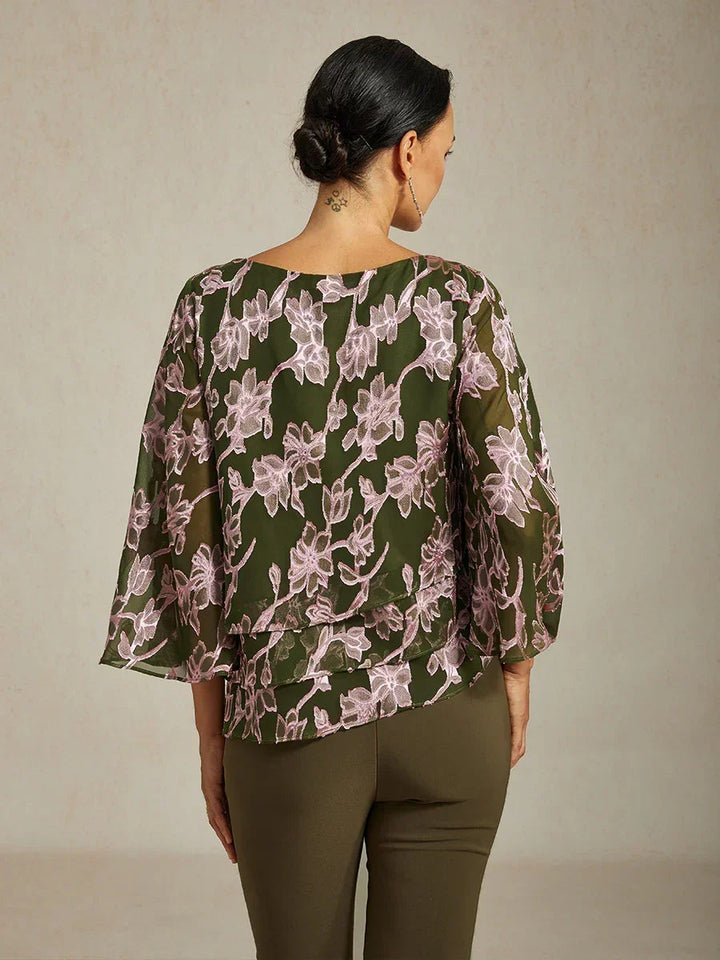 Floral Chiffon Boat Neck Blouse with A-Line Sleeves