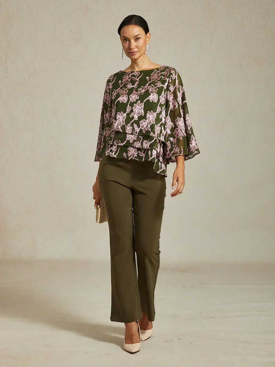 Floral Chiffon Boat Neck Blouse with A-Line Sleeves