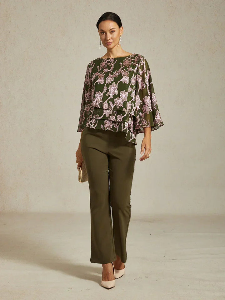 Floral Chiffon Boat Neck Blouse with A-Line Sleeves