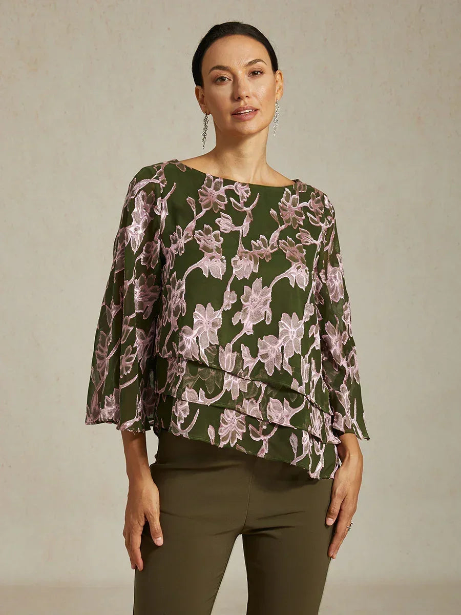 Floral Chiffon Boat Neck Blouse with A-Line Sleeves