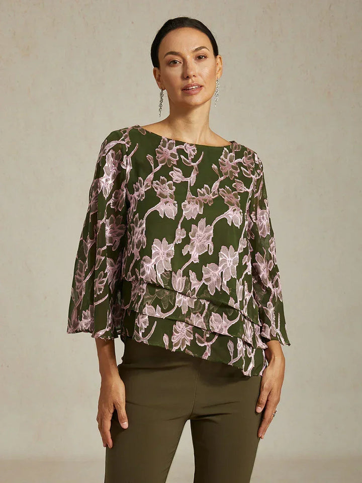 Floral Chiffon Boat Neck Blouse with A-Line Sleeves