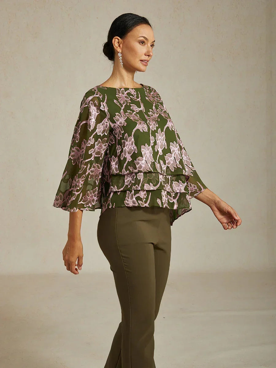 Floral Chiffon Boat Neck Blouse with A-Line Sleeves