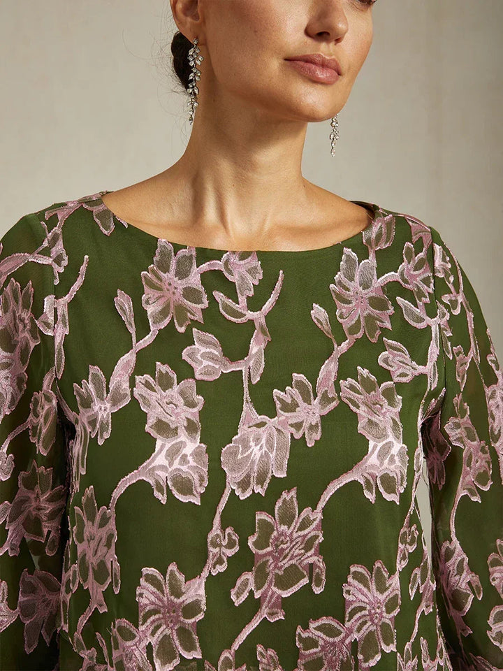 Floral Chiffon Boat Neck Blouse with A-Line Sleeves
