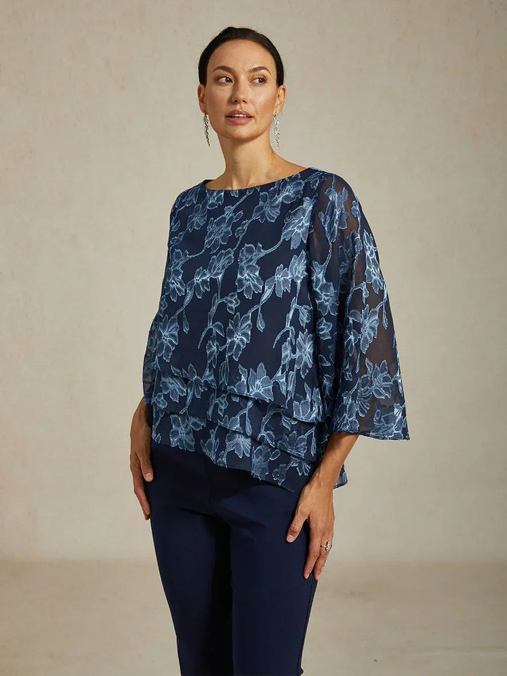 Floral Chiffon Boat Neck Blouse with A-Line Sleeves
