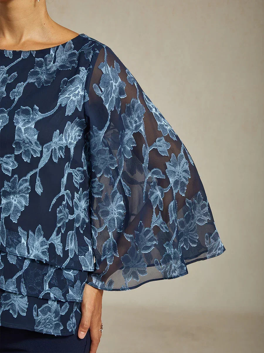 Floral Chiffon Boat Neck Blouse with A-Line Sleeves