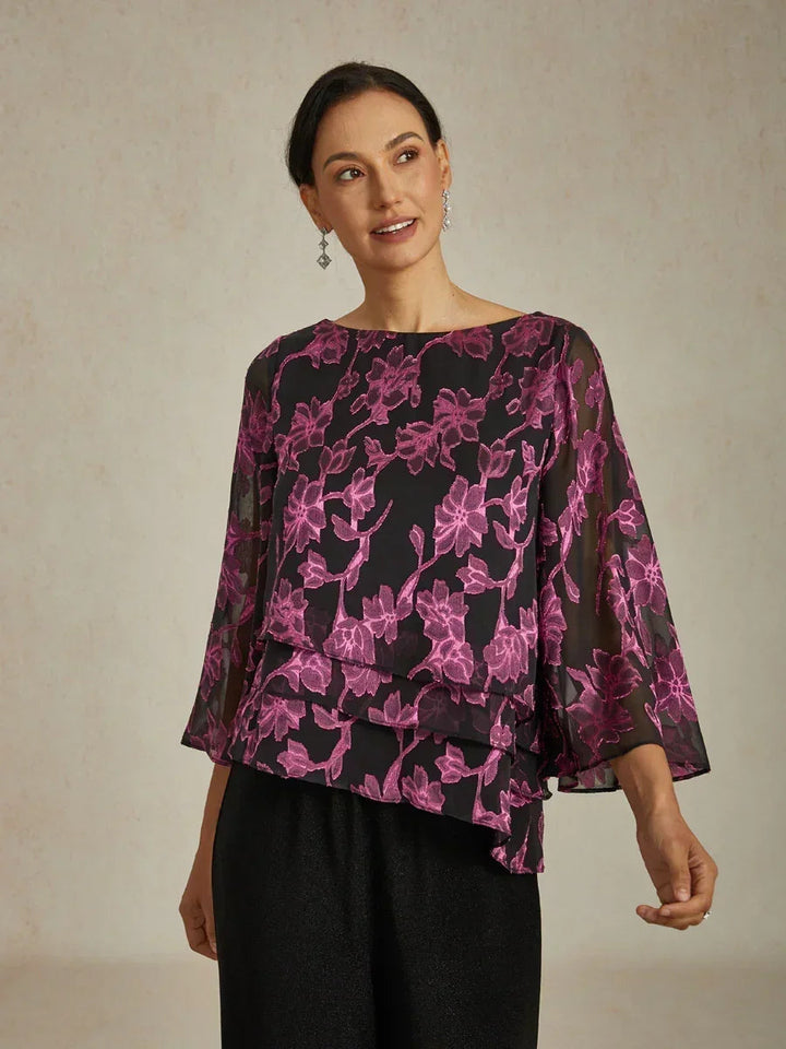 Floral Chiffon Boat Neck Blouse with A-Line Sleeves
