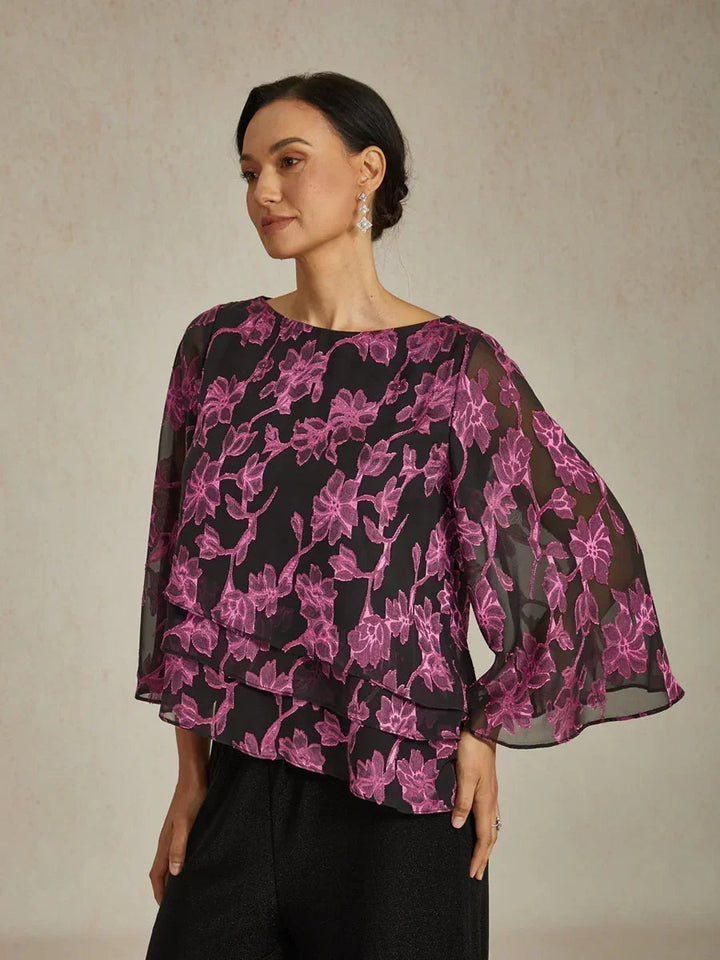 Floral Chiffon Boat Neck Blouse with A-Line Sleeves