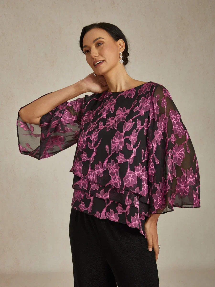 Floral Chiffon Boat Neck Blouse with A-Line Sleeves
