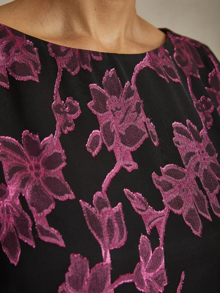 Floral Chiffon Boat Neck Blouse with A-Line Sleeves