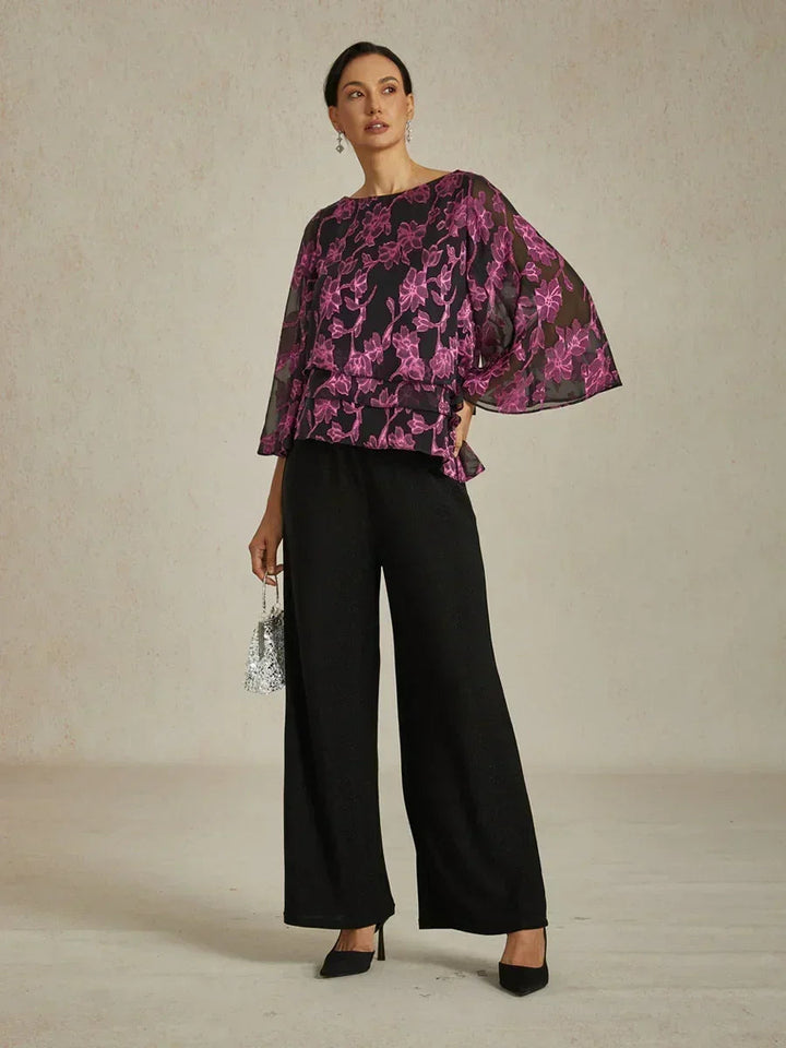 Floral Chiffon Boat Neck Blouse with A-Line Sleeves