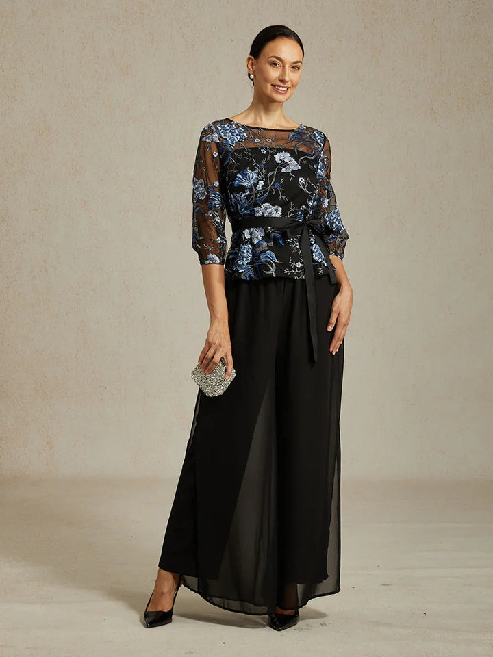 Floral Embroidered Blouse with 3/4 Bubble Sleeves & Illusion Neckline