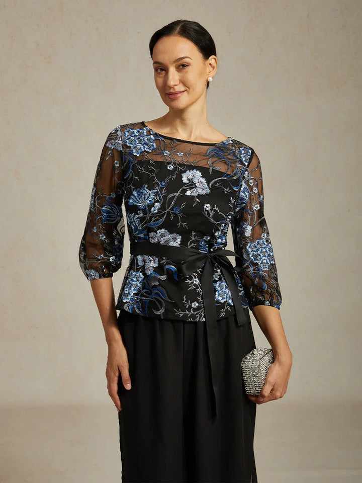 Floral Embroidered Blouse with 3/4 Bubble Sleeves & Illusion Neckline