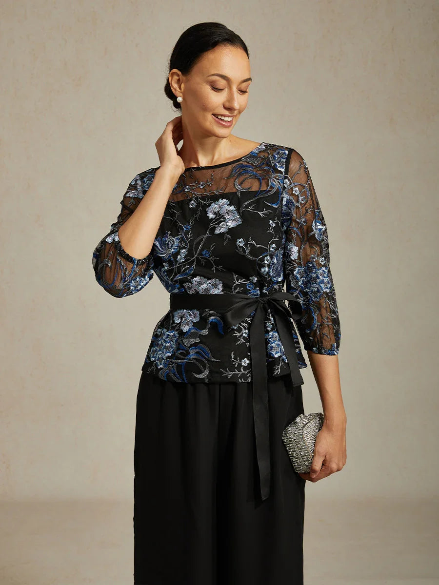 Floral Embroidered Blouse with 3/4 Bubble Sleeves & Illusion Neckline