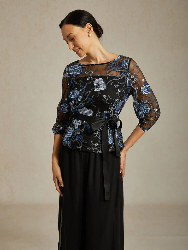Floral Embroidered Blouse with 3/4 Bubble Sleeves & Illusion Neckline