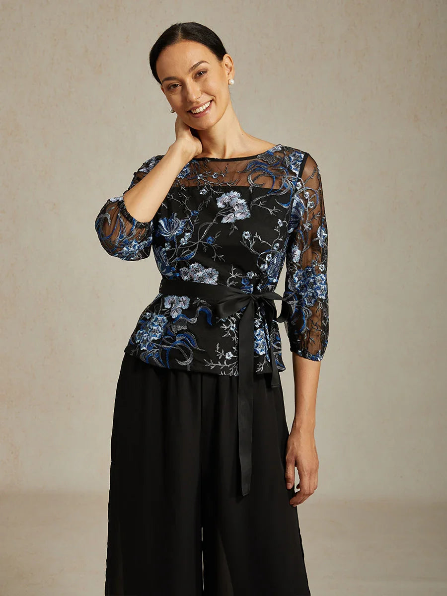 Floral Embroidered Blouse with 3/4 Bubble Sleeves & Illusion Neckline