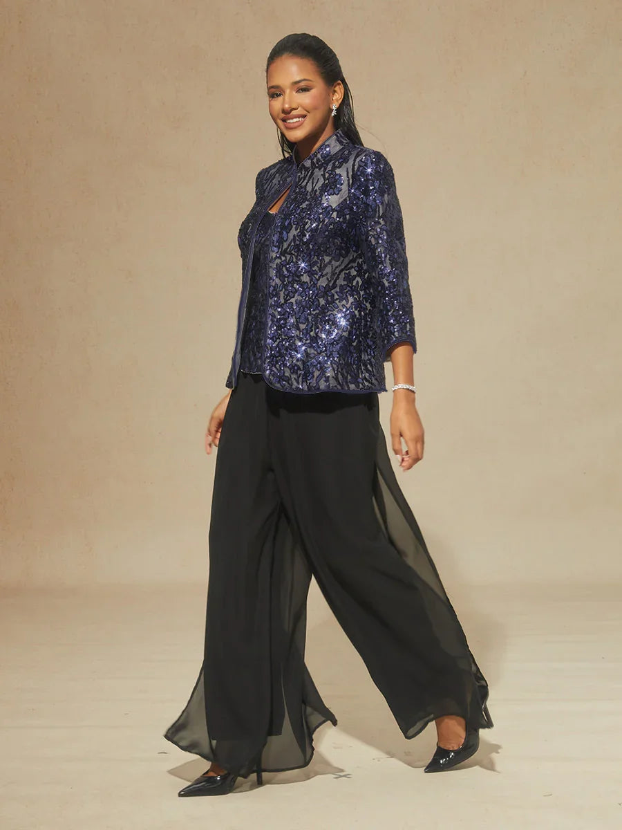 Floral Mandarin Collar Sequin Twinset