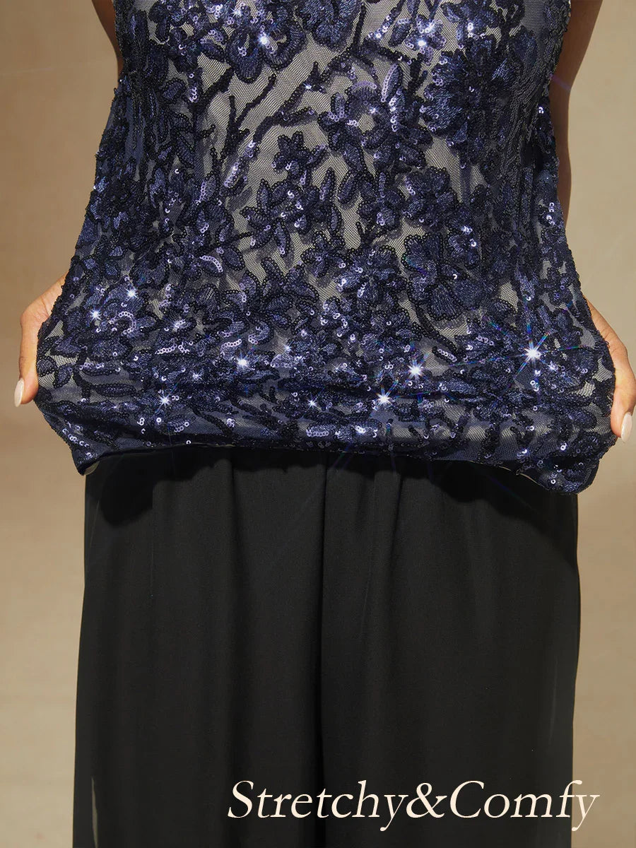 Floral Mandarin Collar Sequin Twinset