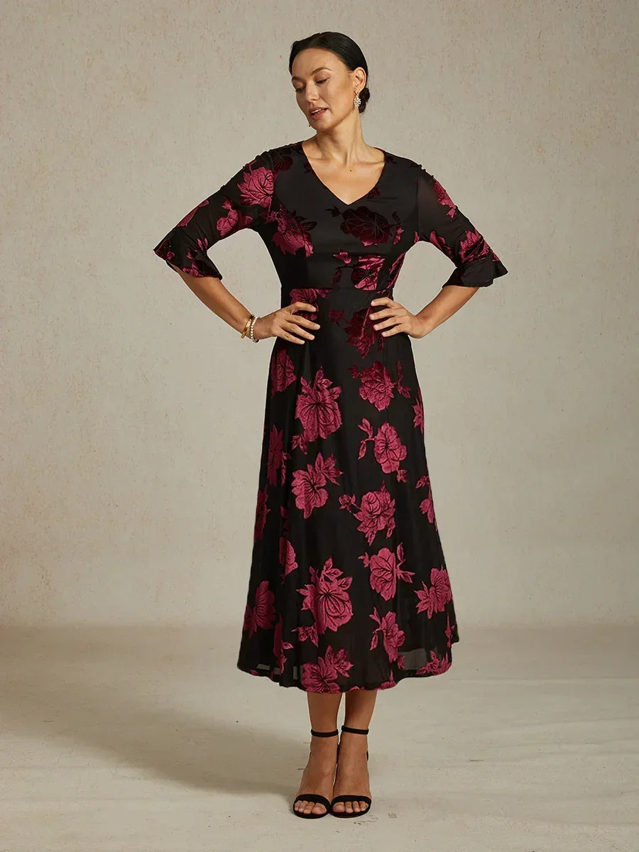 Floral A-Line Dress with Flutter Sleeves