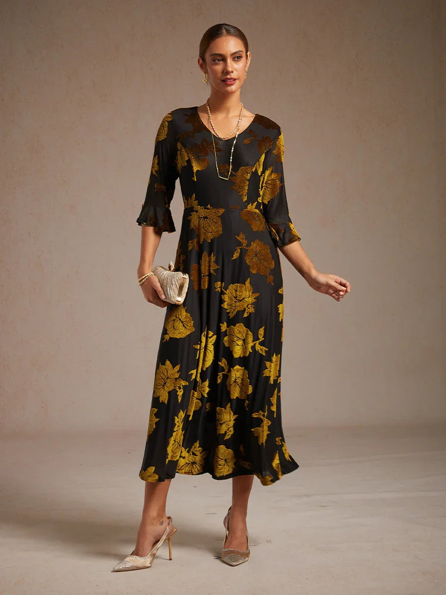 Floral A-Line Dress with Flutter Sleeves