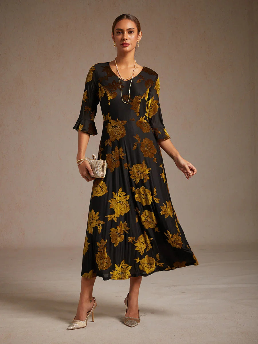 Floral A-Line Dress with Flutter Sleeves