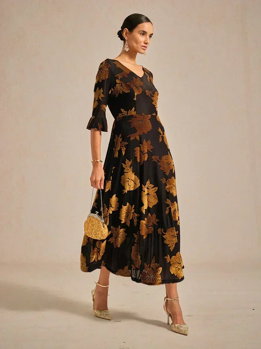 Floral A-Line Dress with Flutter Sleeves