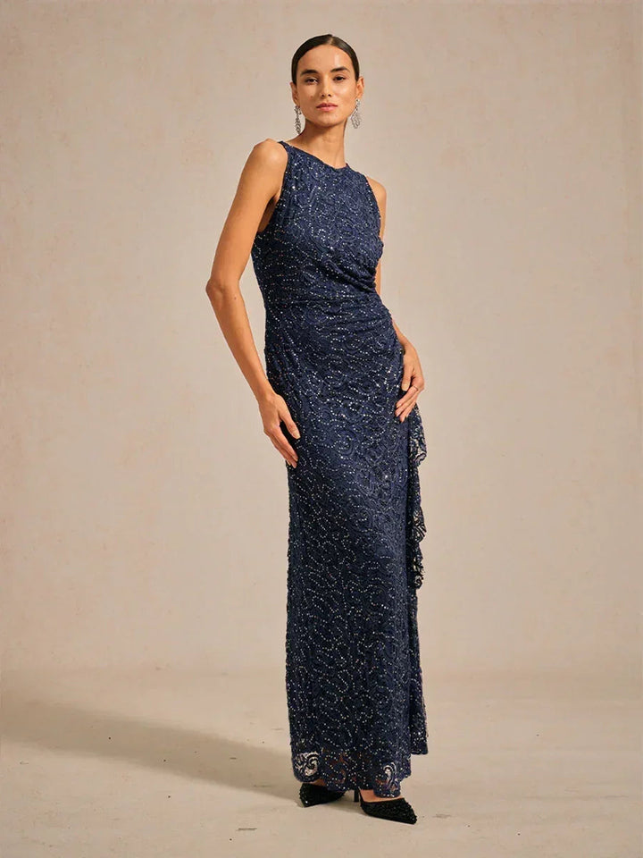 Lace Sequin Maxi Dress with Ruffle Detail