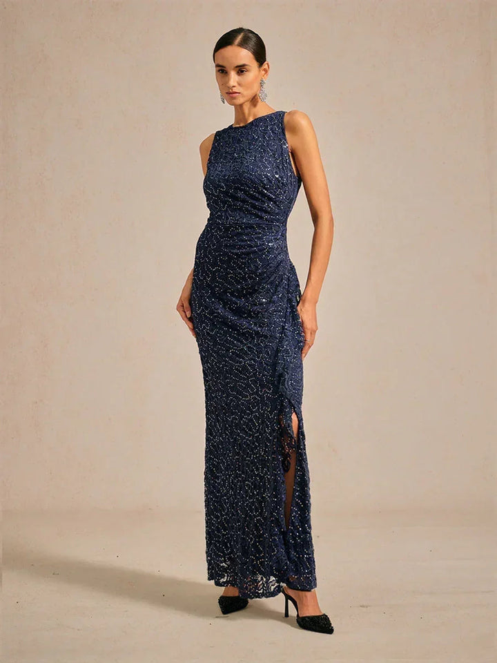 Lace Sequin Maxi Dress with Ruffle Detail