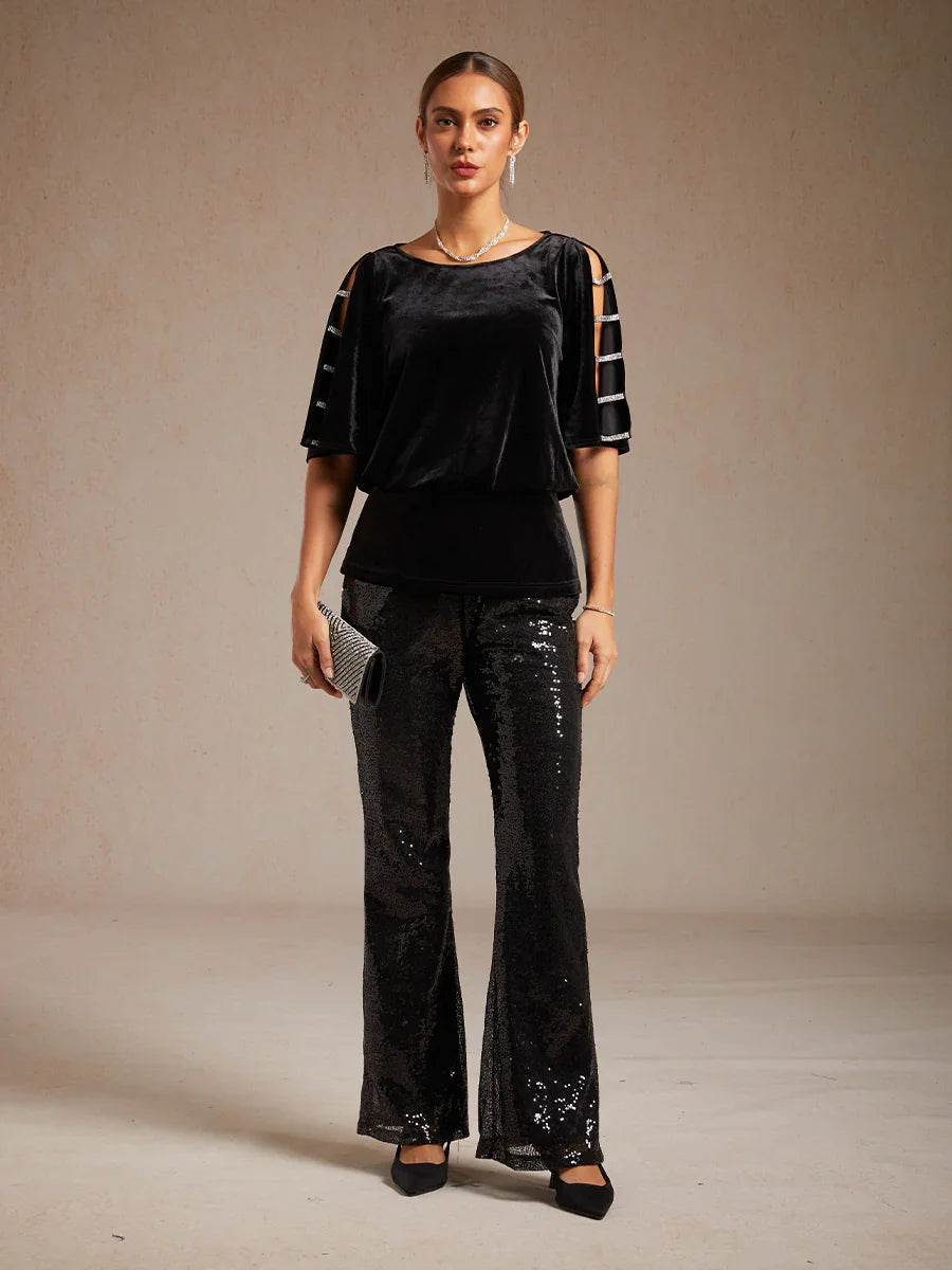 Sequin Flare Pants for Women with Elastic Waist
