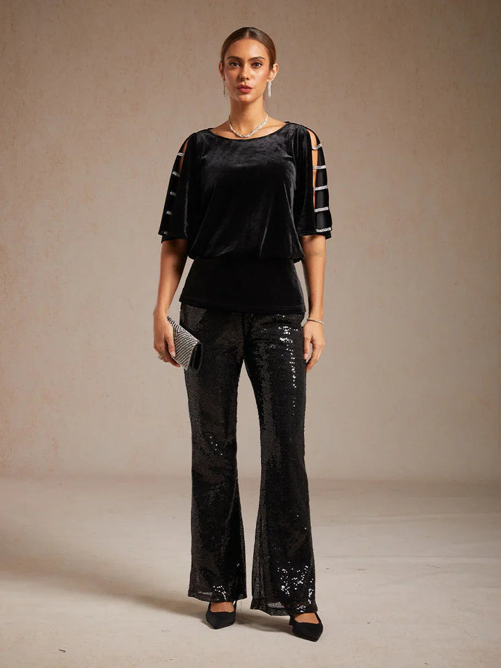 Sequin Flare Pants for Women with Elastic Waist
