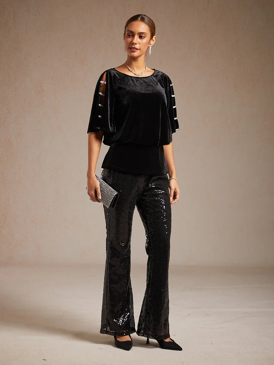 Sequin Flare Pants for Women with Elastic Waist