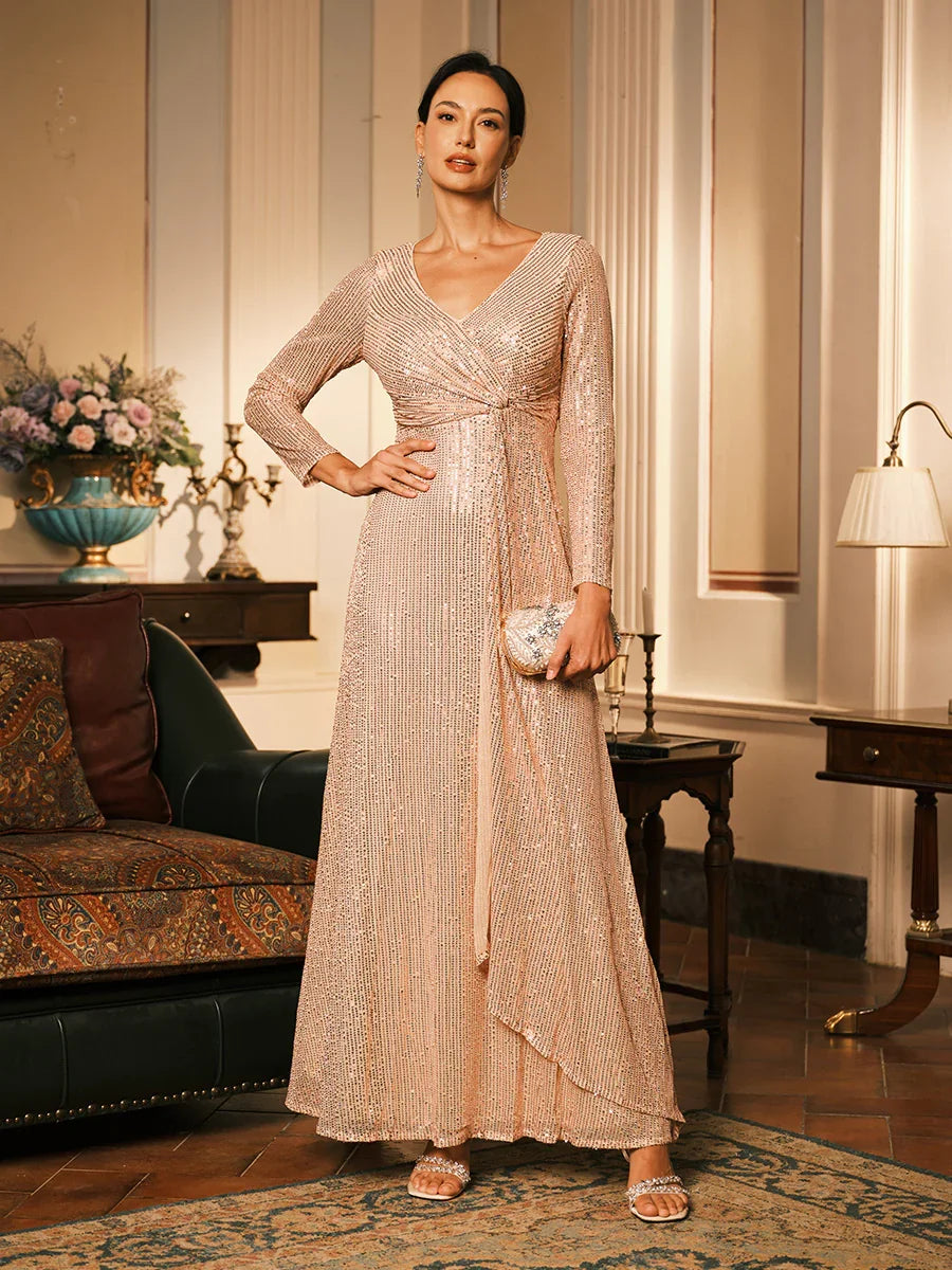 Sequin V Neck Evening Gown with Twist Design
