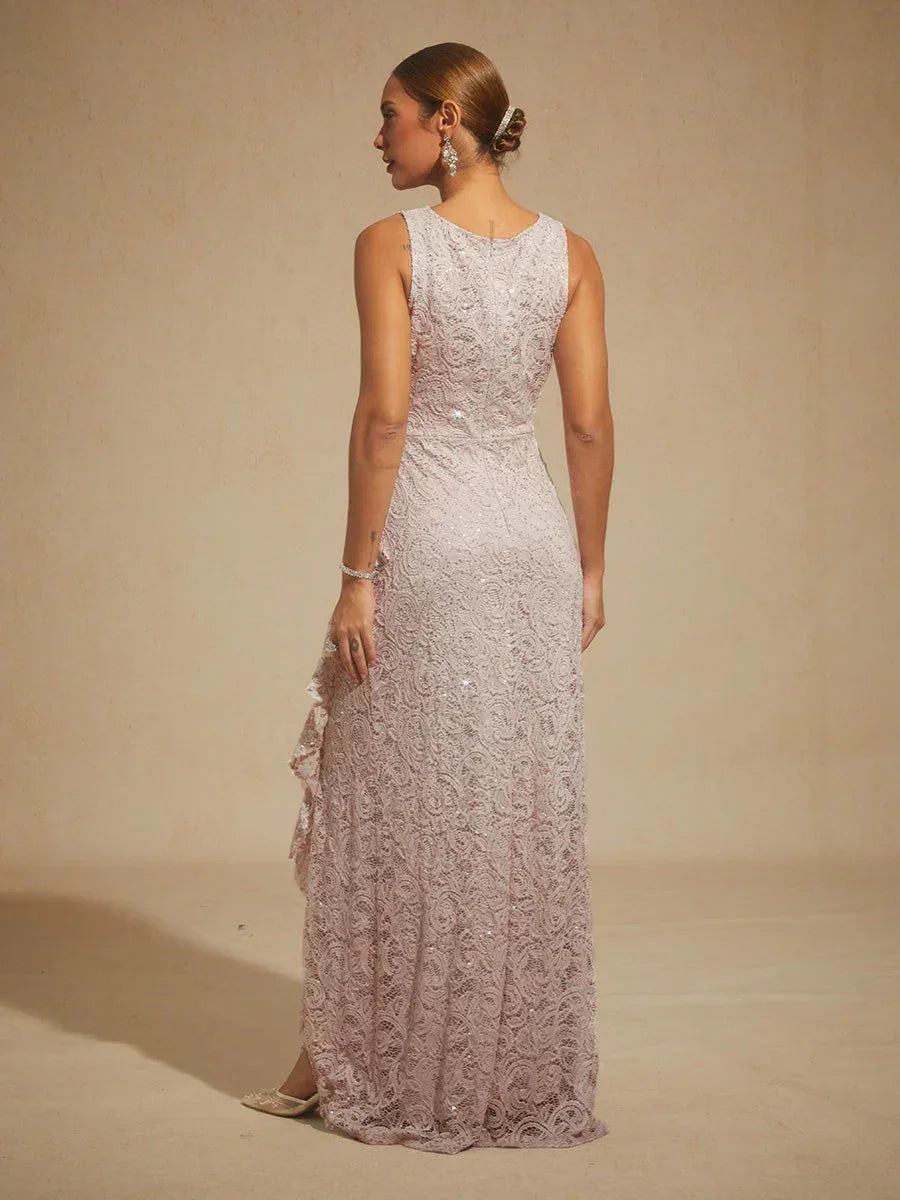 Lace Sequin Maxi Dress with Ruffle Detail