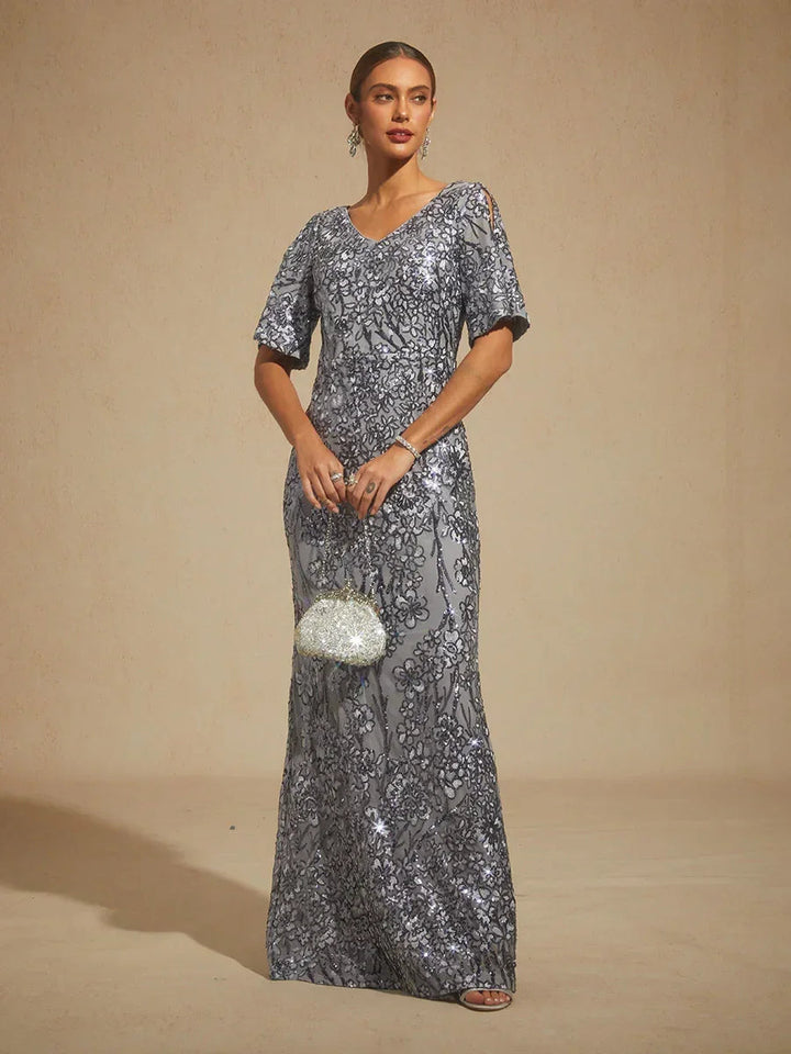 V-Neck Sequin Embroidered Cold Shoulder Evening Dress