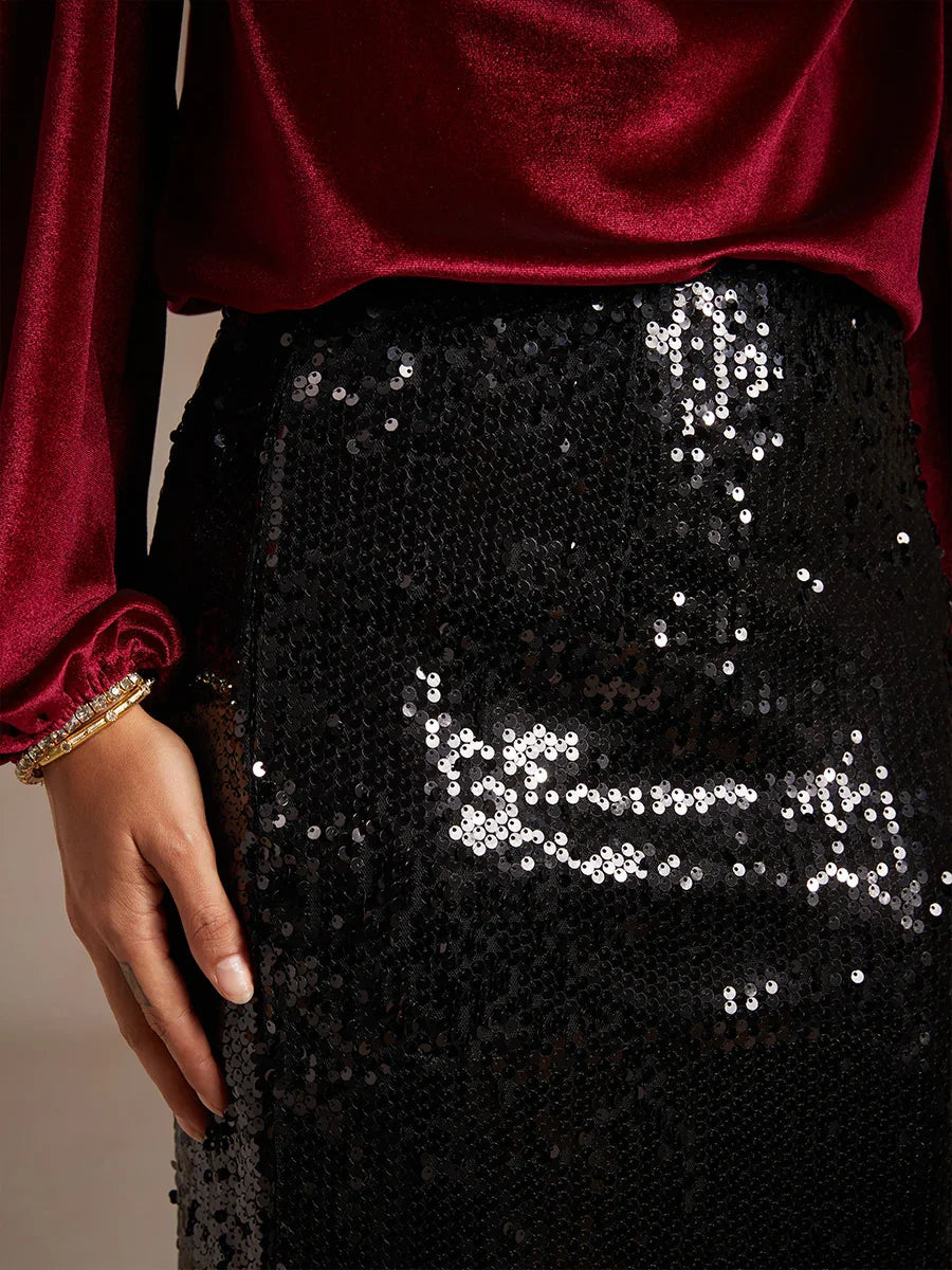 Sequin Mermaid Skirt with Elastic Waist and Lining