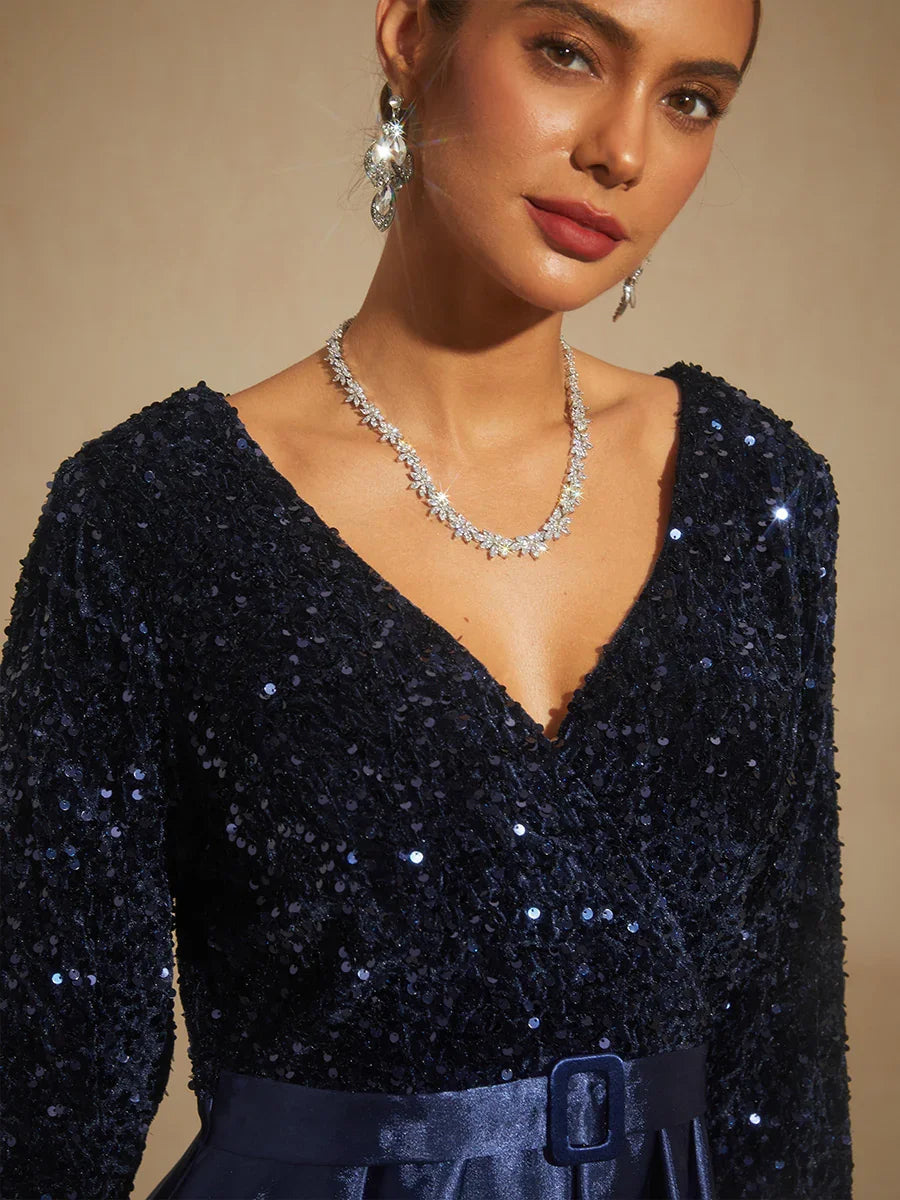 Velvet Sequin Satin Evening Gown