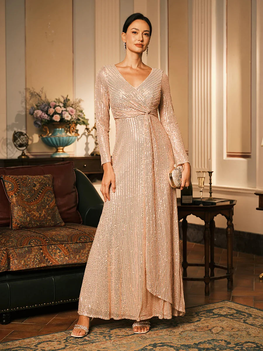 Sequin V Neck Evening Gown with Twist Design