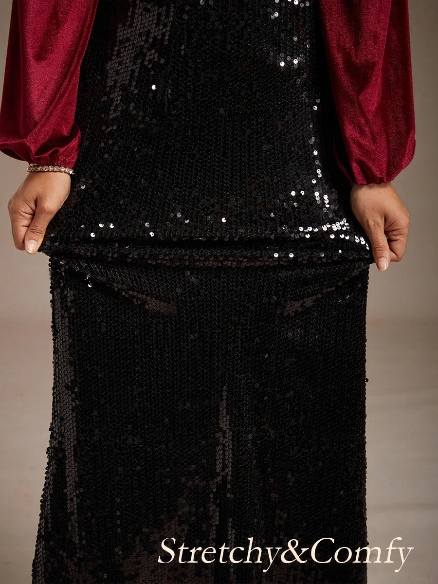 Sequin Mermaid Skirt with Elastic Waist and Lining