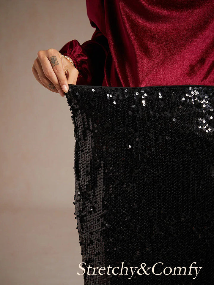 Sequin Mermaid Skirt with Elastic Waist and Lining
