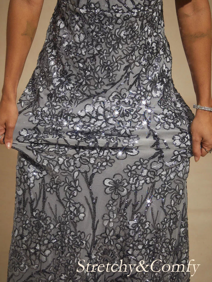 V-Neck Sequin Embroidered Cold Shoulder Evening Dress