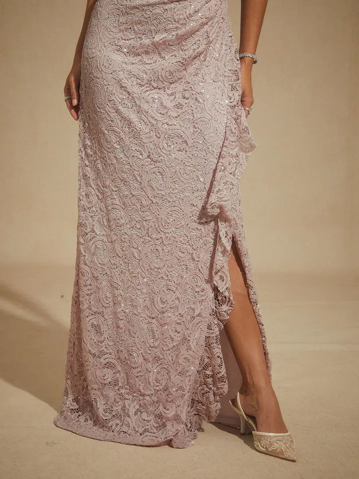 Lace Sequin Maxi Dress with Ruffle Detail