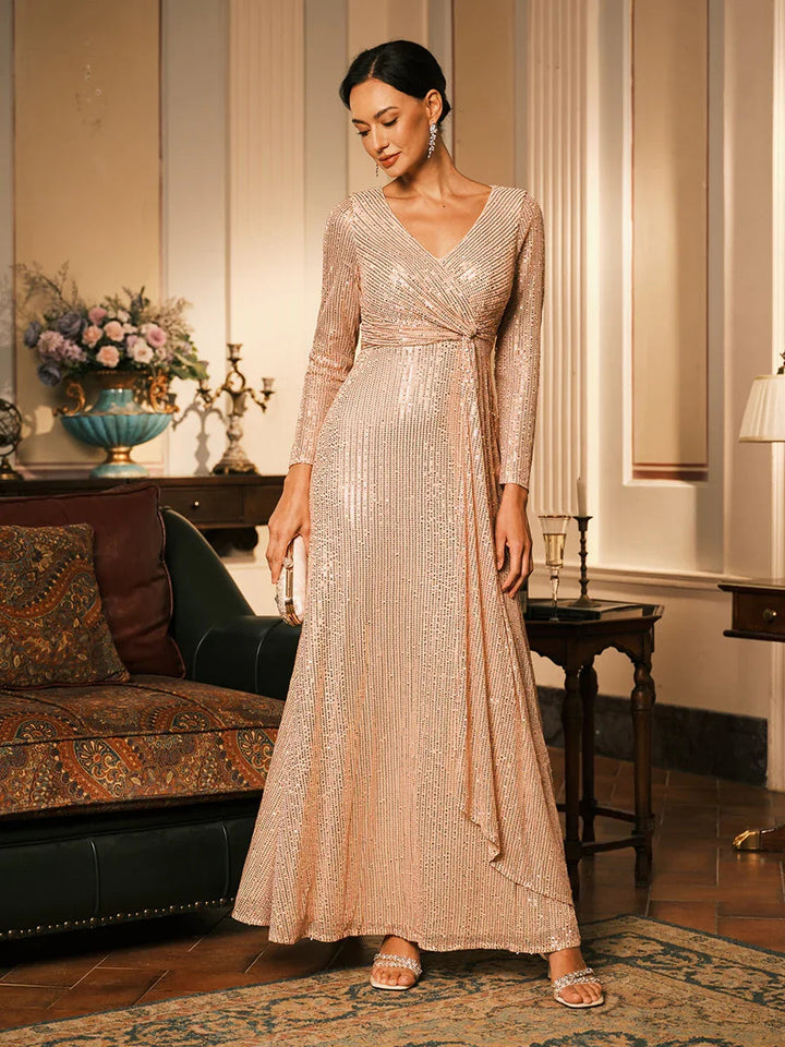 Sequin V Neck Evening Gown with Twist Design
