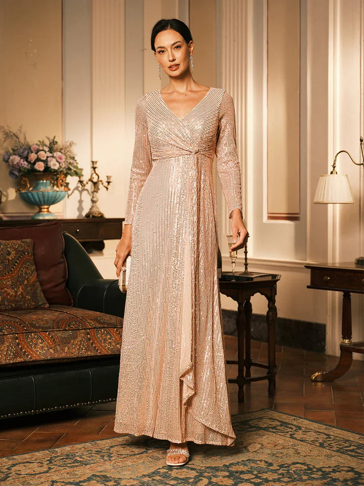 Sequin V Neck Evening Gown with Twist Design