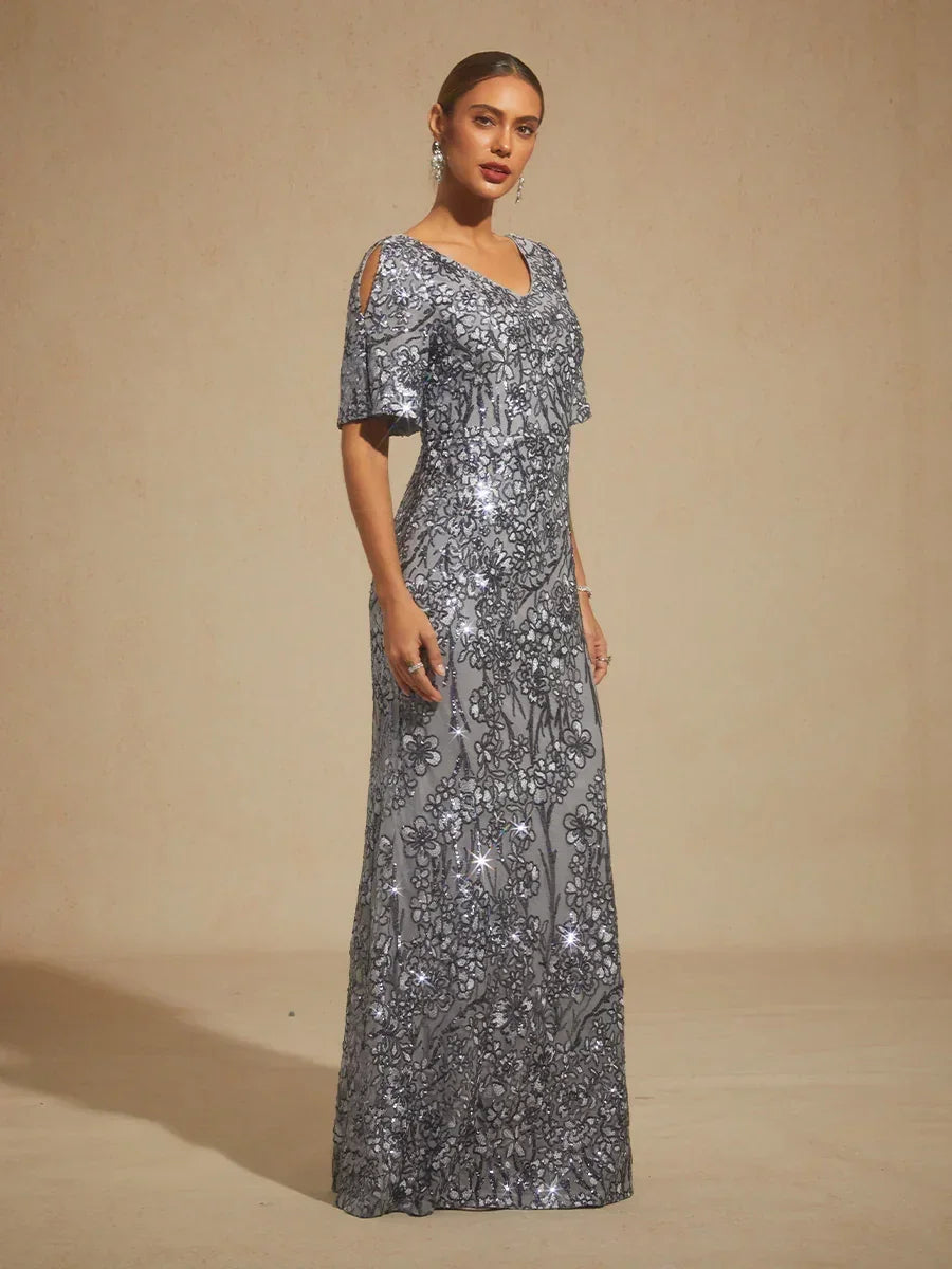 V-Neck Sequin Embroidered Cold Shoulder Evening Dress