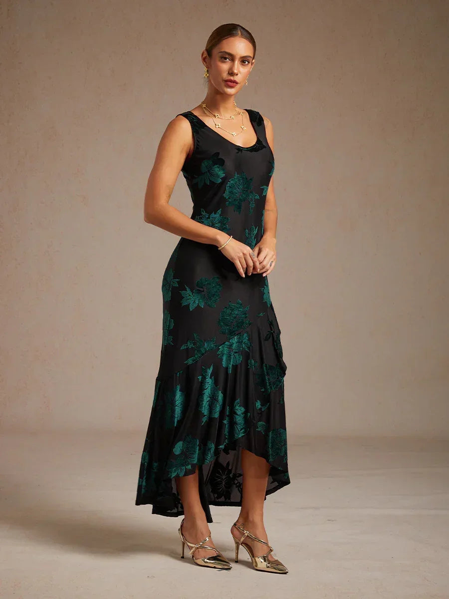 Floral Evening Gown with Asymmetrical Hem
