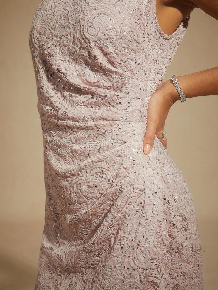 Lace Sequin Maxi Dress with Ruffle Detail