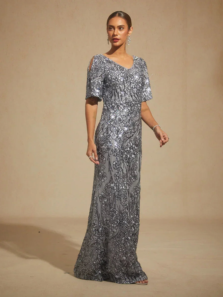 V-Neck Sequin Embroidered Cold Shoulder Evening Dress
