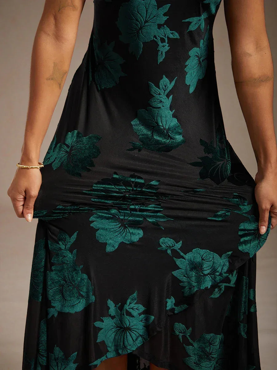 Floral Evening Gown with Asymmetrical Hem