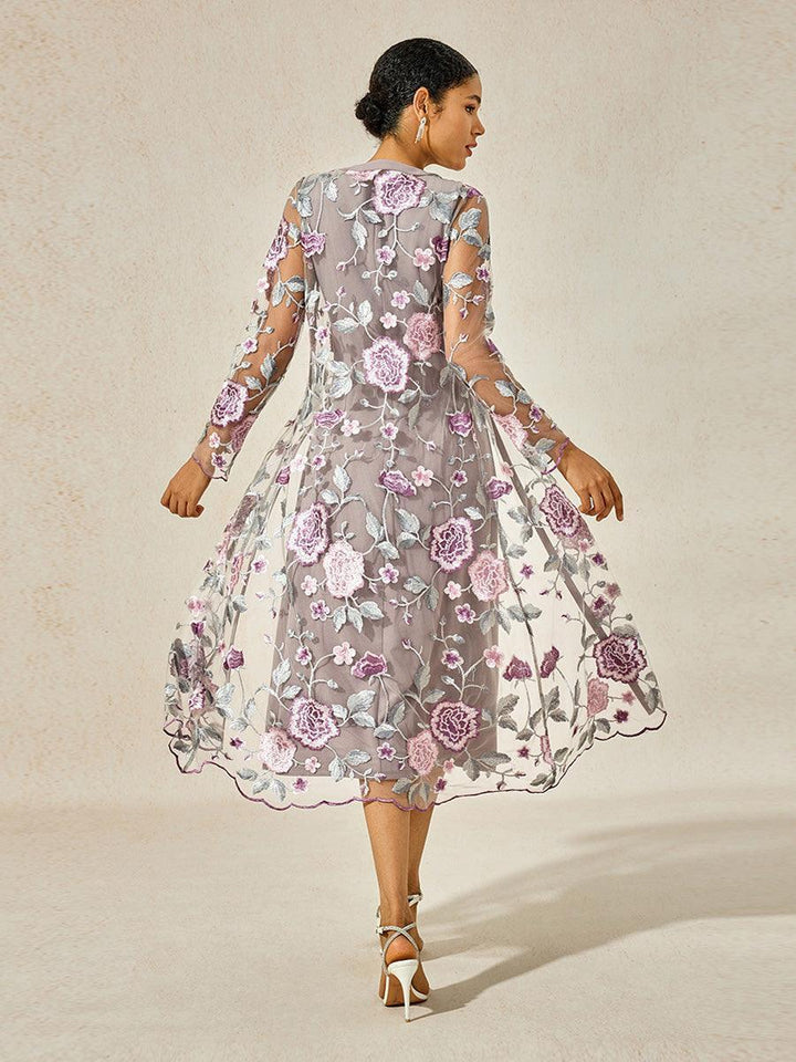 Mesh Lace Embroidered Floral Dress Set