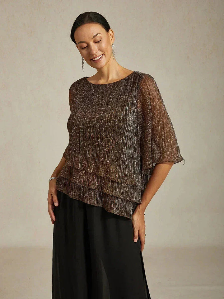 Metallic Pleated Chiffon Asymmetrical Layered Blouse