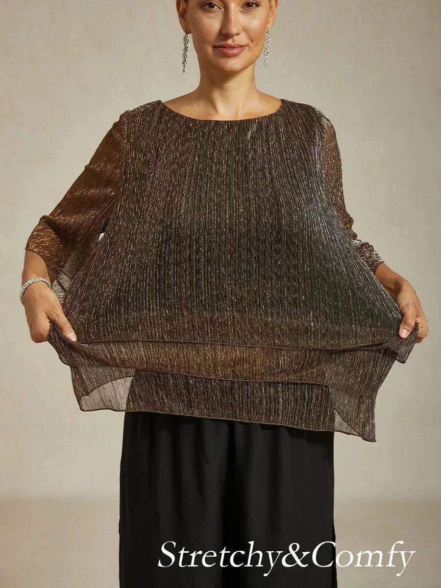Metallic Pleated Chiffon Asymmetrical Layered Blouse